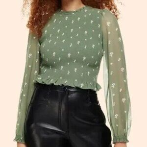 Aritzia Wilfred Sheer Floral Long Sleeve Blouse Large Green Ruffle Stretch